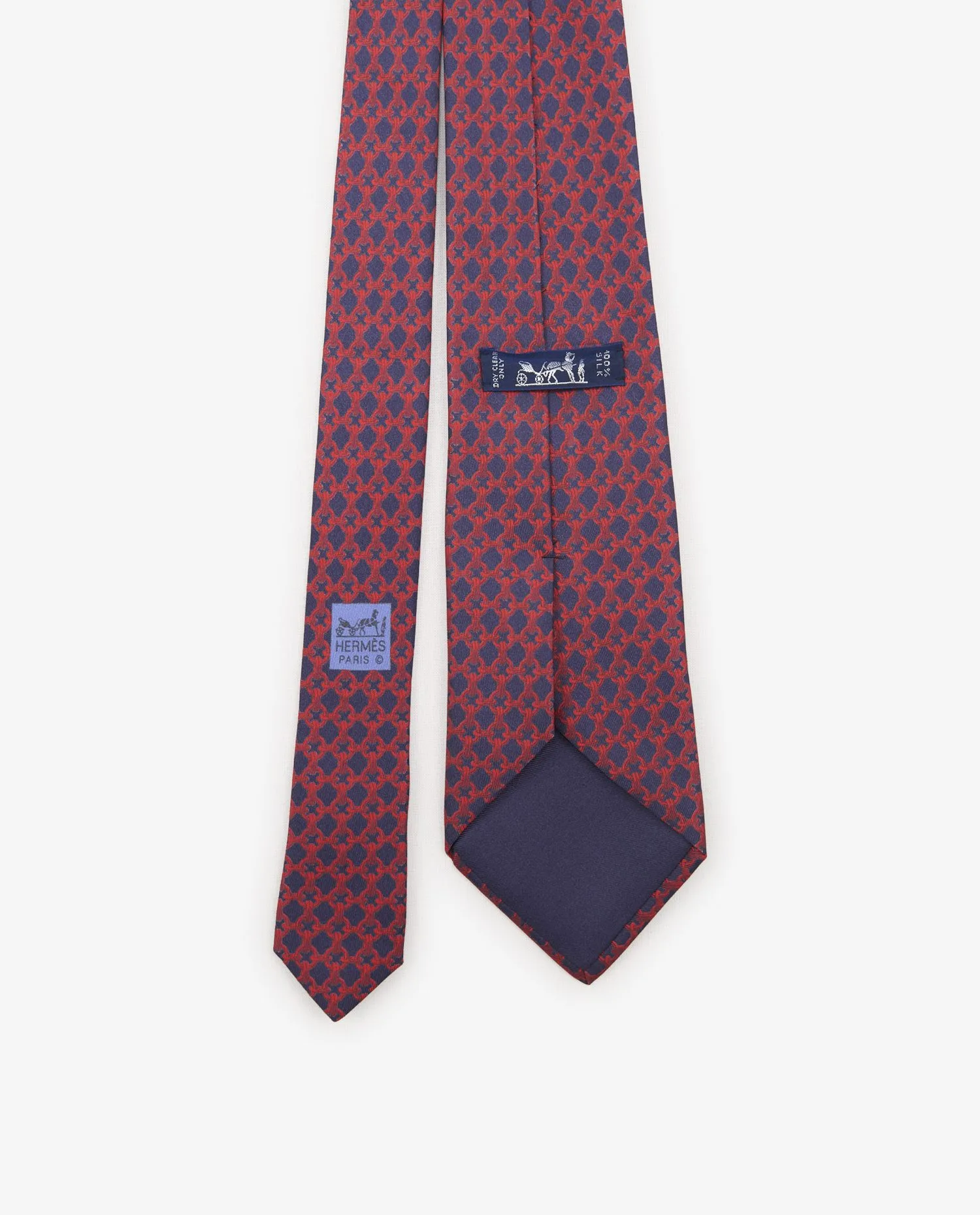 Cravate Hermès vintage chaînes cavalières bleu nuit et rouge - Photo 3